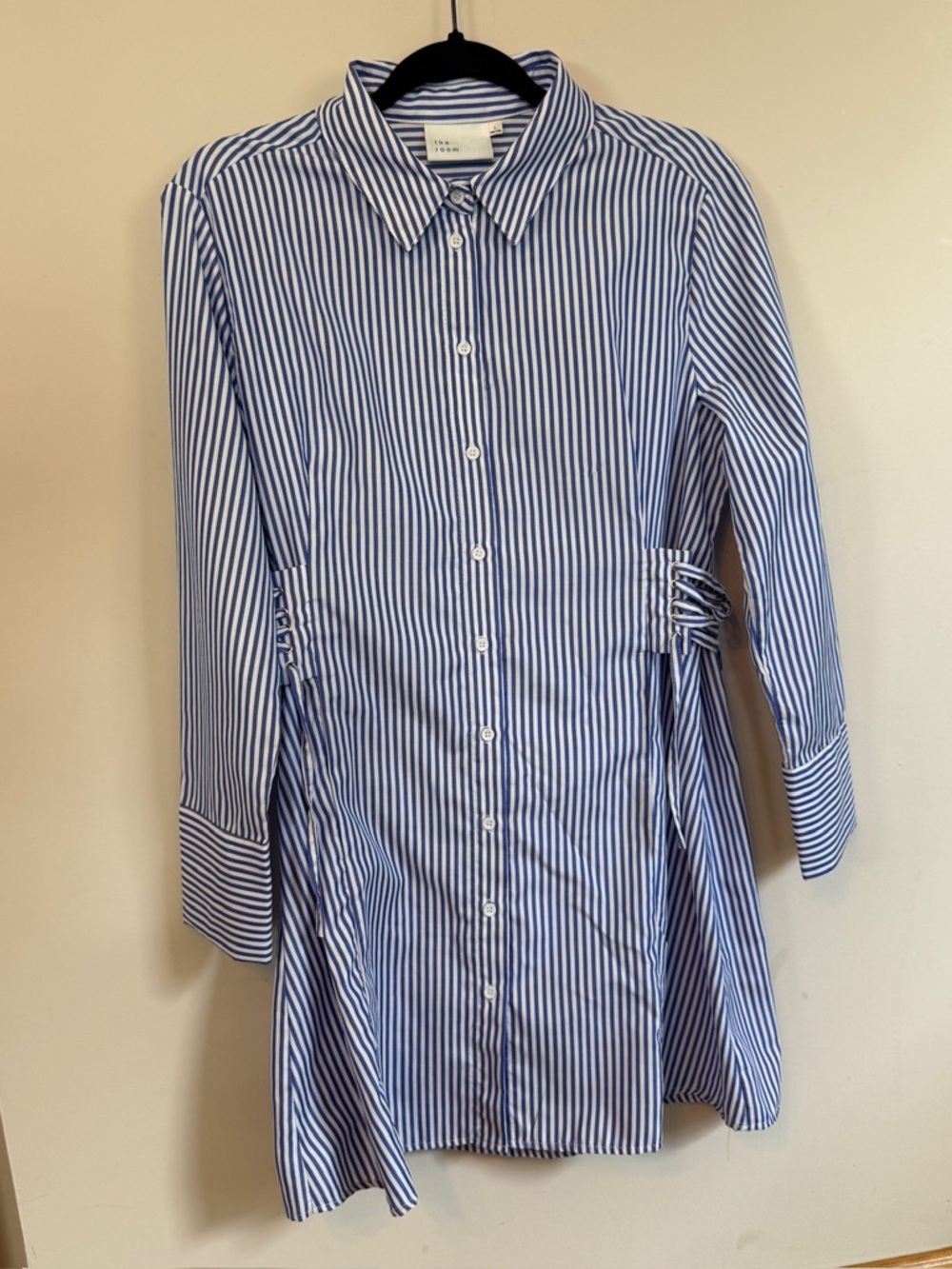 the room Blue and White Vertical-Stripe Mini Shirt Dress